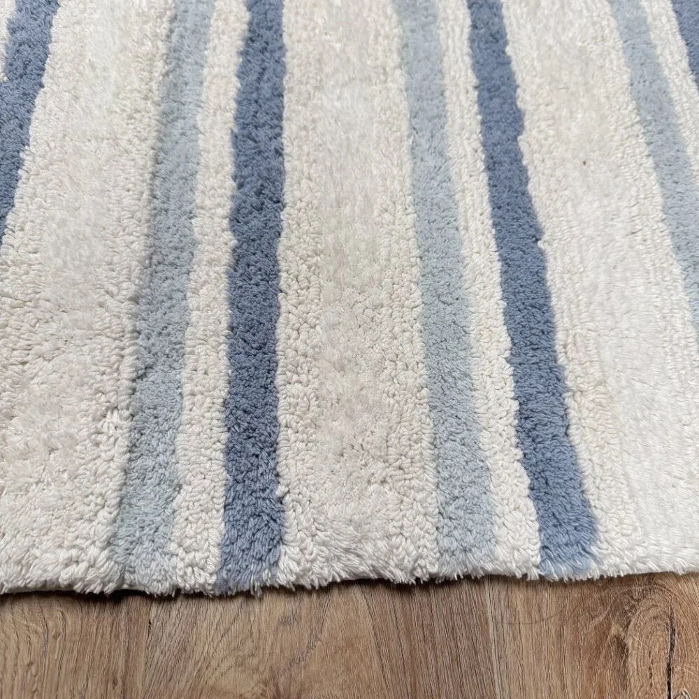 Caro 17 x 24 Blue White Stripes Striped Bath Rug Mat 100% COTTON Non Slip